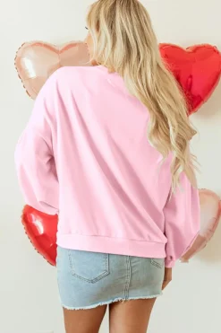 Outlet Dear-Lover Embroidered Bow Lantern Sleeve Oversized Pullover Sweatshirt Light Pink