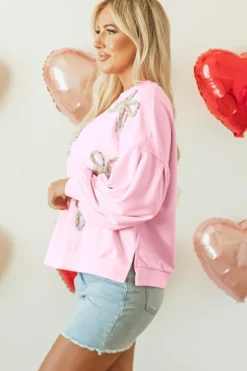 Outlet Dear-Lover Embroidered Bow Lantern Sleeve Oversized Pullover Sweatshirt Light Pink