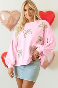 Outlet Dear-Lover Embroidered Bow Lantern Sleeve Oversized Pullover Sweatshirt Light Pink
