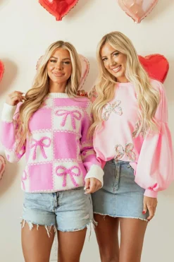 Outlet Dear-Lover Embroidered Bow Lantern Sleeve Oversized Pullover Sweatshirt Light Pink