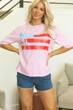 Best Dear-Lover Flag Bow Graphic Crewneck Tee Light Pink