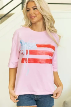 Best Dear-Lover Flag Bow Graphic Crewneck Tee Light Pink