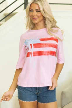 Best Dear-Lover Flag Bow Graphic Crewneck Tee Light Pink