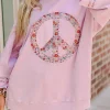 Online Dear-Lover Floral Peace Sign Graphic Drop Shoulder Wide Sleeve Casual Top Light Pink