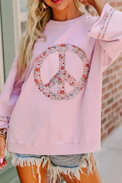 Online Dear-Lover Floral Peace Sign Graphic Drop Shoulder Wide Sleeve Casual Top Light Pink