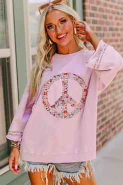 Online Dear-Lover Floral Peace Sign Graphic Drop Shoulder Wide Sleeve Casual Top Light Pink