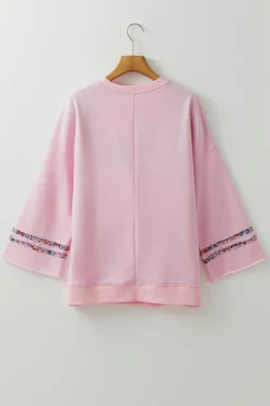 Online Dear-Lover Floral Peace Sign Graphic Drop Shoulder Wide Sleeve Casual Top Light Pink