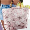 Online Dear-Lover Flower Canvas Tote Bag with Bamboo Handle Light Pink