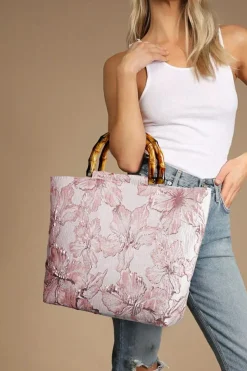 Online Dear-Lover Flower Canvas Tote Bag with Bamboo Handle Light Pink
