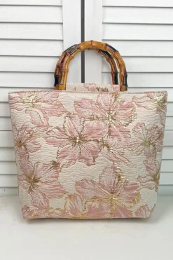 Online Dear-Lover Flower Canvas Tote Bag with Bamboo Handle Light Pink