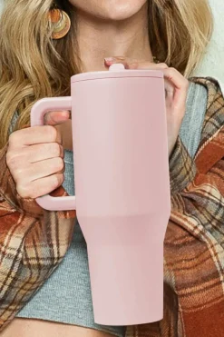Sale Dear-Lover Frosted Stainless Handle Large Vacuum Cup with Straw 40oz Light Pink