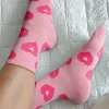 Hot Dear-Lover Heart Print Ribbed Trim Soft Crew Socks Light Pink