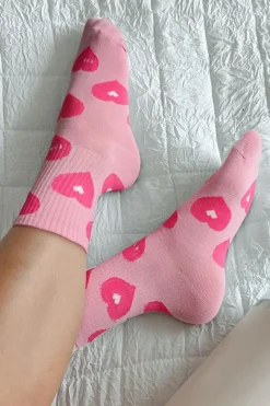 Hot Dear-Lover Heart Print Ribbed Trim Soft Crew Socks Light Pink