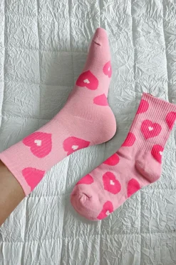 Hot Dear-Lover Heart Print Ribbed Trim Soft Crew Socks Light Pink