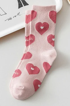 Hot Dear-Lover Heart Print Ribbed Trim Soft Crew Socks Light Pink