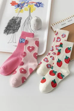Hot Dear-Lover Heart Print Ribbed Trim Soft Crew Socks Light Pink