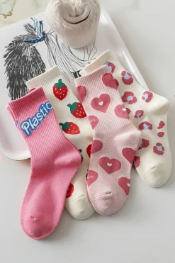 Hot Dear-Lover Heart Print Ribbed Trim Soft Crew Socks Light Pink