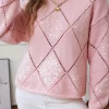 Discount Dear-Lover Hollowed Rhombus Pattern Sequin Detail Round Neck Sweater Light Pink