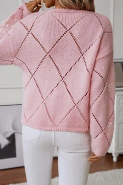 Discount Dear-Lover Hollowed Rhombus Pattern Sequin Detail Round Neck Sweater Light Pink
