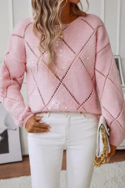 Discount Dear-Lover Hollowed Rhombus Pattern Sequin Detail Round Neck Sweater Light Pink