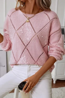 Discount Dear-Lover Hollowed Rhombus Pattern Sequin Detail Round Neck Sweater Light Pink