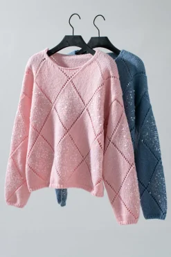 Discount Dear-Lover Hollowed Rhombus Pattern Sequin Detail Round Neck Sweater Light Pink