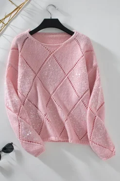 Discount Dear-Lover Hollowed Rhombus Pattern Sequin Detail Round Neck Sweater Light Pink