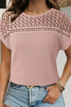 Best Dear-Lover Lace Patchwork Waffle Short Sleeve Top Light Pink