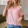 Online Dear-Lover Lace Patchwork Exposed Seam V Neck T Shirt Light Pink