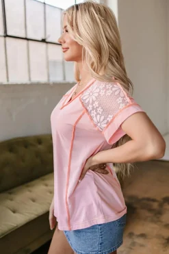 Online Dear-Lover Lace Patchwork Exposed Seam V Neck T Shirt Light Pink