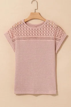 Best Dear-Lover Lace Patchwork Waffle Short Sleeve Top Light Pink