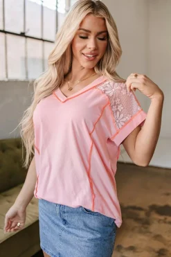 Online Dear-Lover Lace Patchwork Exposed Seam V Neck T Shirt Light Pink