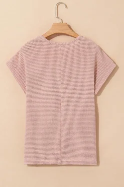 Best Dear-Lover Lace Patchwork Waffle Short Sleeve Top Light Pink