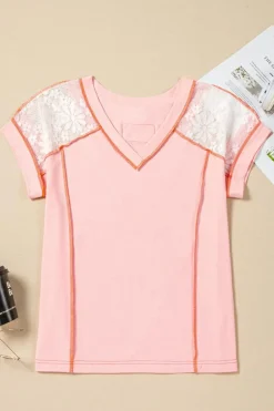 Online Dear-Lover Lace Patchwork Exposed Seam V Neck T Shirt Light Pink