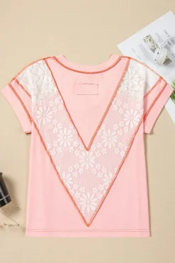 Online Dear-Lover Lace Patchwork Exposed Seam V Neck T Shirt Light Pink