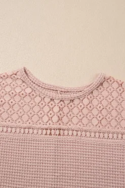 Best Dear-Lover Lace Patchwork Waffle Short Sleeve Top Light Pink