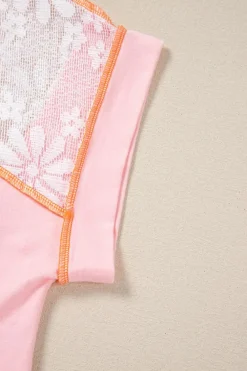 Online Dear-Lover Lace Patchwork Exposed Seam V Neck T Shirt Light Pink