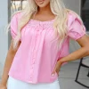 New Dear-Lover Lace Square Neck Patchwork Puff Sleeve Blouse Light Pink