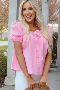 New Dear-Lover Lace Square Neck Patchwork Puff Sleeve Blouse Light Pink