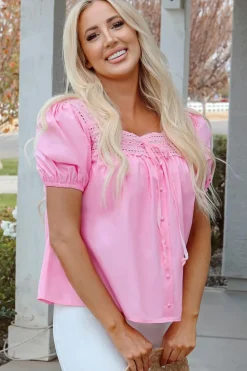 New Dear-Lover Lace Square Neck Patchwork Puff Sleeve Blouse Light Pink