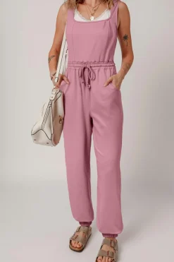 Online Dear-Lover Lace-up Elastic Waist Sleeveless Square Neck Jumpsuit Light Pink