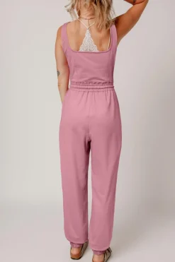 Online Dear-Lover Lace-up Elastic Waist Sleeveless Square Neck Jumpsuit Light Pink