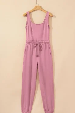 Online Dear-Lover Lace-up Elastic Waist Sleeveless Square Neck Jumpsuit Light Pink