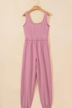 Online Dear-Lover Lace-up Elastic Waist Sleeveless Square Neck Jumpsuit Light Pink