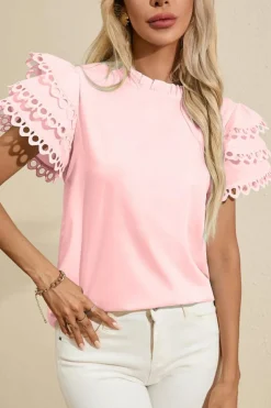 Fashion Dear-Lover Layered Ric Rac Cap Sleeve Frilled Neck Blouse Light Pink