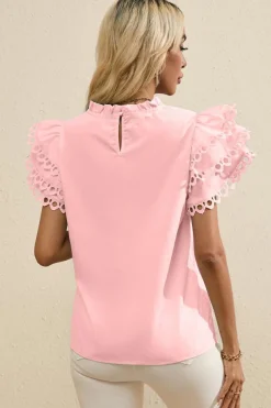 Fashion Dear-Lover Layered Ric Rac Cap Sleeve Frilled Neck Blouse Light Pink