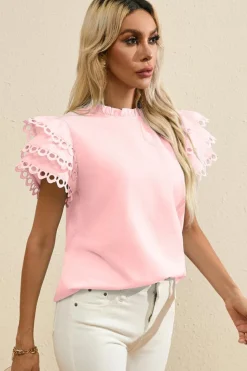 Fashion Dear-Lover Layered Ric Rac Cap Sleeve Frilled Neck Blouse Light Pink