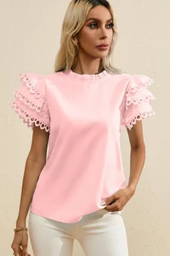 Fashion Dear-Lover Layered Ric Rac Cap Sleeve Frilled Neck Blouse Light Pink