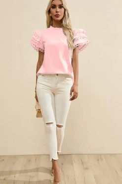 Fashion Dear-Lover Layered Ric Rac Cap Sleeve Frilled Neck Blouse Light Pink