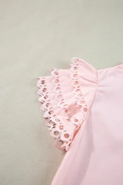 Fashion Dear-Lover Layered Ric Rac Cap Sleeve Frilled Neck Blouse Light Pink